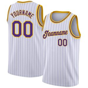 White Purple Pinstripe Purple-Gold Authentic Personalized Basketball Jersey