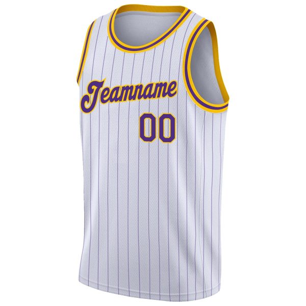 White Purple Pinstripe Purple-Gold Authentic Personalized Basketball Jersey - Image 5