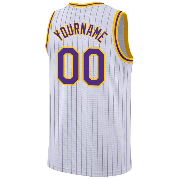 White Purple Pinstripe Purple-Gold Authentic Personalized Basketball Jersey - Image 6