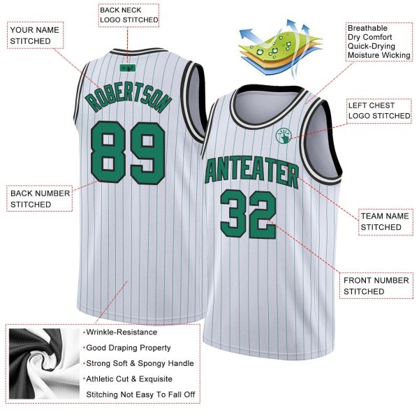 White Kelly Green Pinstripe Kelly Green-Black Authentic Personalized Basketball Jersey - Image 2