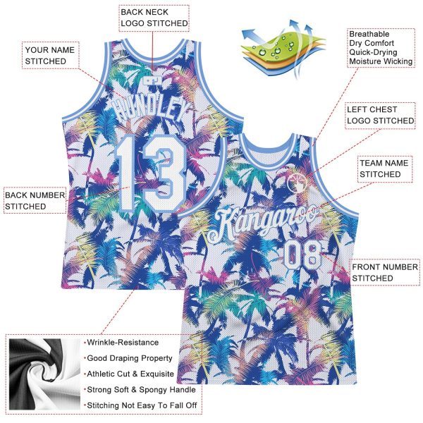 White White-Light Blue 3D Pattern Hawaii Palm Trees Authentic Personalized Basketball Jersey - Image 2